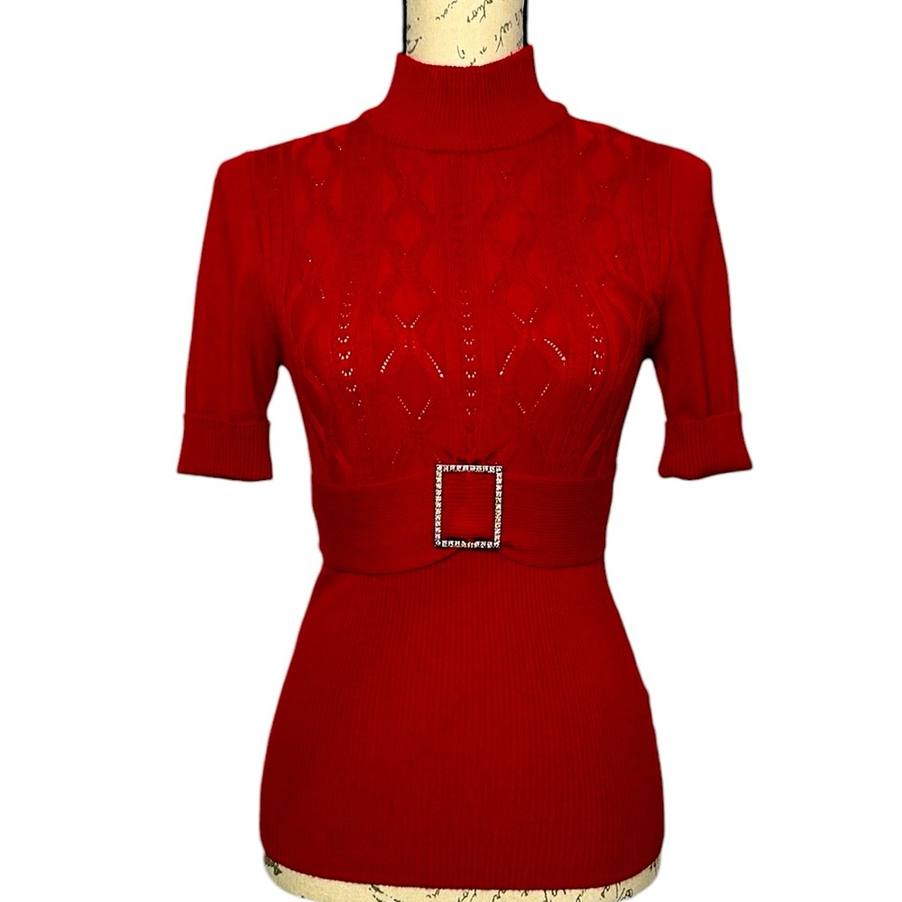 Heartsoul | Red Short Sleeve Faux Belted Shirt w/ Upper Chest Design | Size S